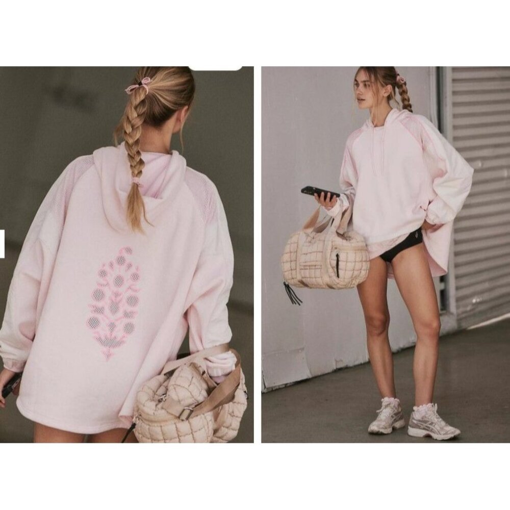 NEW Free People FP Movement Pink Racing Stripes Hoodie Sweatshirt Size M